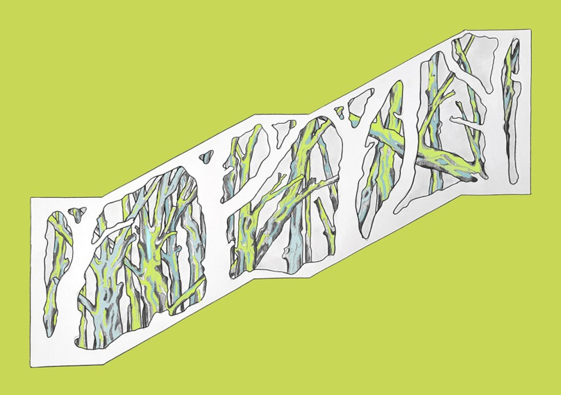 Abstrakt gestalteter Wald in Weiss-, Grau- und Grüntönen gemalt.