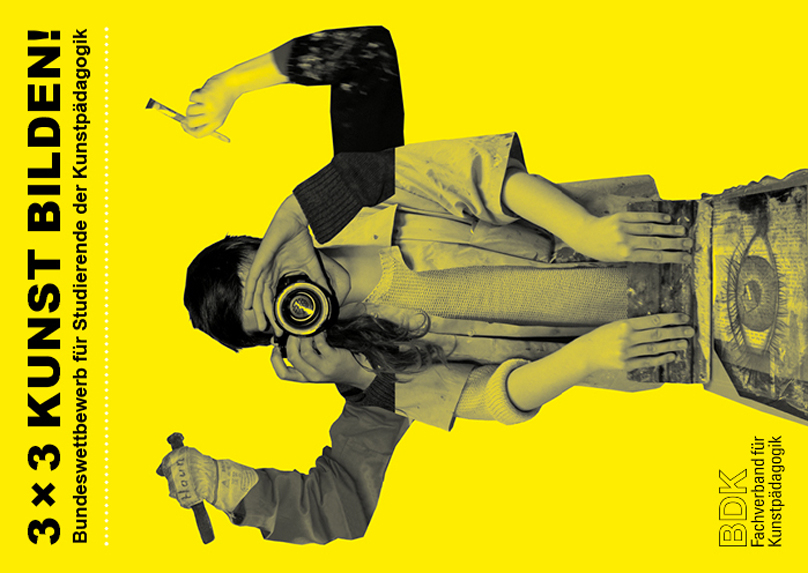 3 x 3 Kunst bilden! Bundeswettbewerb für Studierende der Kunstpädagogik. BDK Fachverband für Kunstpädagogik. Auf dem Foto ist eine Collage zu sehen. Ein Mensch hält mit verschiedenen Armen verschieden künstlerische Werkzeuge.